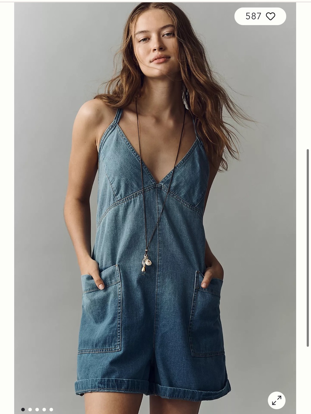 Pilcro Women’s 100% Cotton Denim V-Neck Tie Back Pocket Romper Size Medium NWT